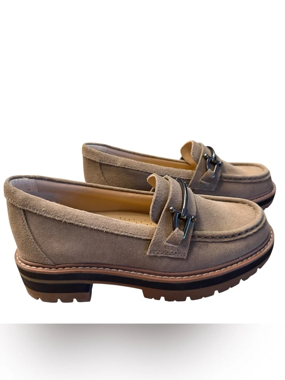 Clark’s Taupe Suede Women's Size 6 Lug Sole Loafers with Metal Bit